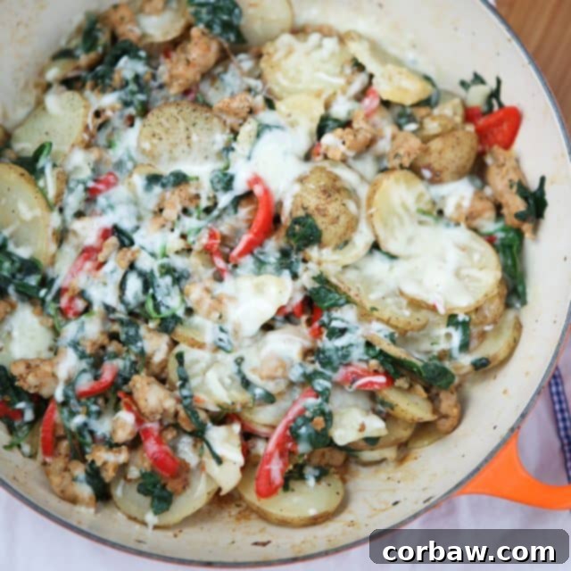 Skillet Italian Sausage and Peppers with Potatoes makes the best one-pan meal for busy weeknights! Keep it healthy by using chicken or turkey sausage. A family favorite! Recipe via aggieskitchen.com