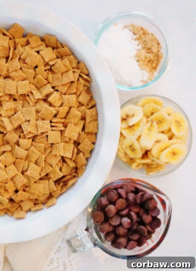 Close-up of healthy puppy chow or chex mix with chocolate, peanut powder, and crunchy banana chips