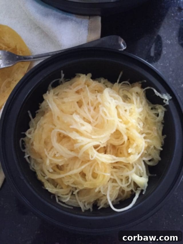 How To Cook Spaghetti Squash in the Instant Pot black meal prep container filled with cooked spaghetti squash, perfectly cooked and ready for a healthy meal
