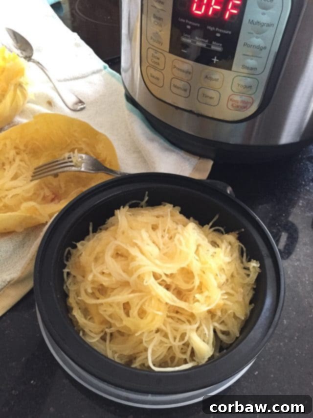 How To Cook Spaghetti Squash in the Instant Pot meal prep bowl filled with cooked spaghetti squash, ready to be enjoyed, with instant pot on counter