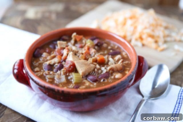 A close-up of the robust and healthy Slow Cooker Chicken and Farro Chili, featuring tender chicken, farro, and colorful vegetables, made with Bush's Chili Beans for maximum flavor. Recipe available at aggieskitchen.com. Warm up this winter with Slow Cooker Chicken and Farro Chili - so hearty & healthy, filled with veggies, lean protein, whole grains and Bush's Chili Beans. Recipe via aggieskitchen.com