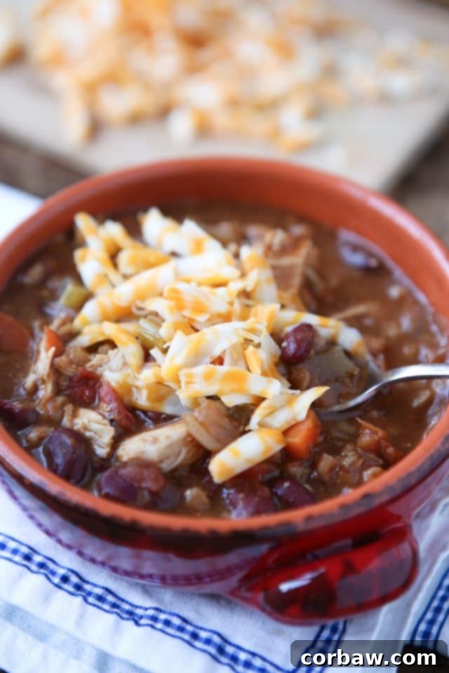 A steaming bowl of Slow Cooker Chicken and Farro Chili, a healthy and delicious recipe featuring lean protein, whole grains, and Bush's Chili Beans, ideal for chilly weather. Full details at aggieskitchen.com. Warm up this winter with Slow Cooker Chicken and Farro Chili - so hearty & healthy, filled with veggies, lean protein, whole grains and Bush's Chili Beans. Recipe via aggieskitchen.com