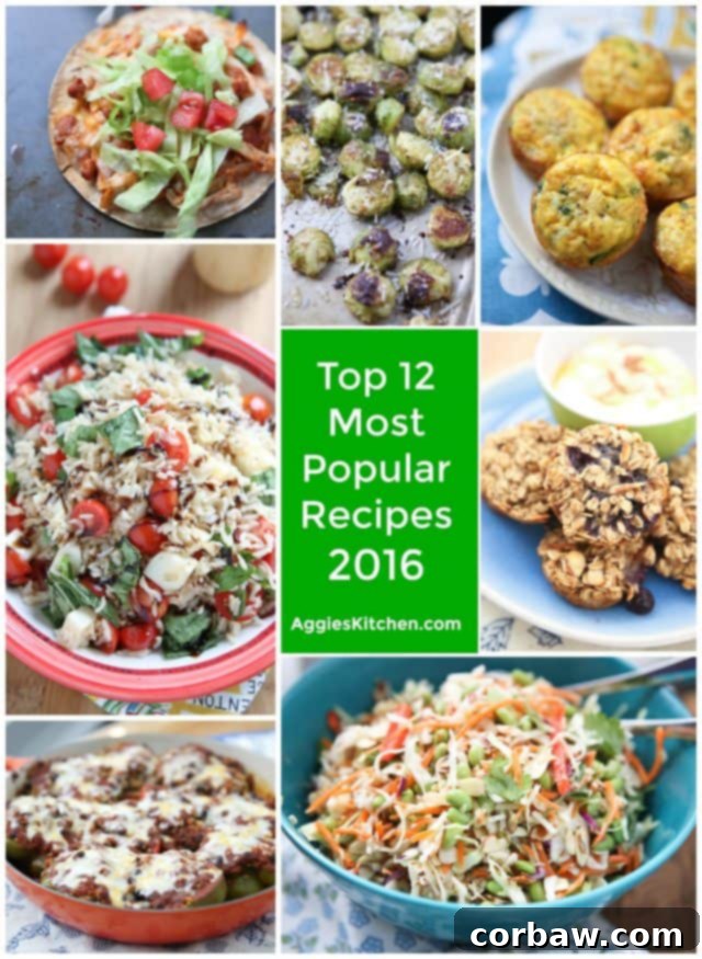 2016's 12 Most Popular Recipes My Must-Make List 2 Aggie's Kitchen's Most Popular Recipes of 2016 collage featuring various delicious dishes like soups, salads, and breakfast bites.