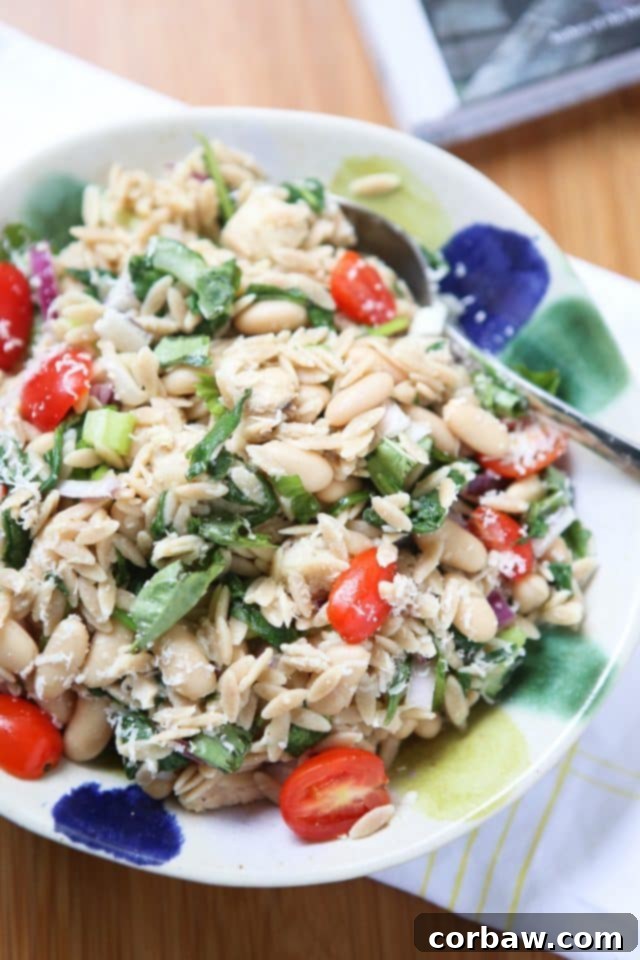2016's 12 Most Popular Recipes My Must-Make List 13 Fresh Tuna and Orzo Salad with Parmesan and Basil in a serving bowl, garnished with more fresh basil leaves.
