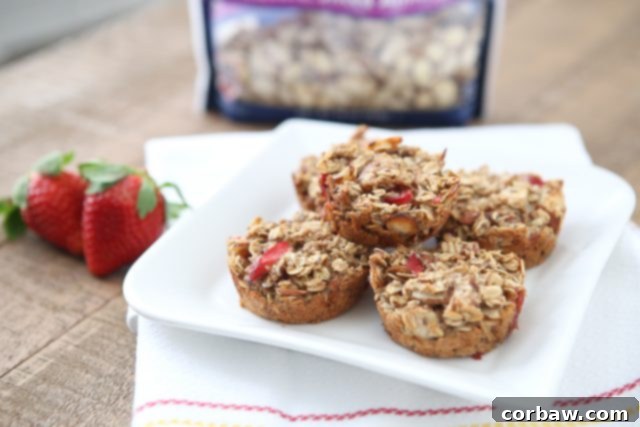 Close-up of freshly baked Strawberry Almond Oatmeal Bites, ideal for quick healthy snacks. A recipe featuring Fisher Nuts almonds. aggieskitchen.com #ThinkFisher