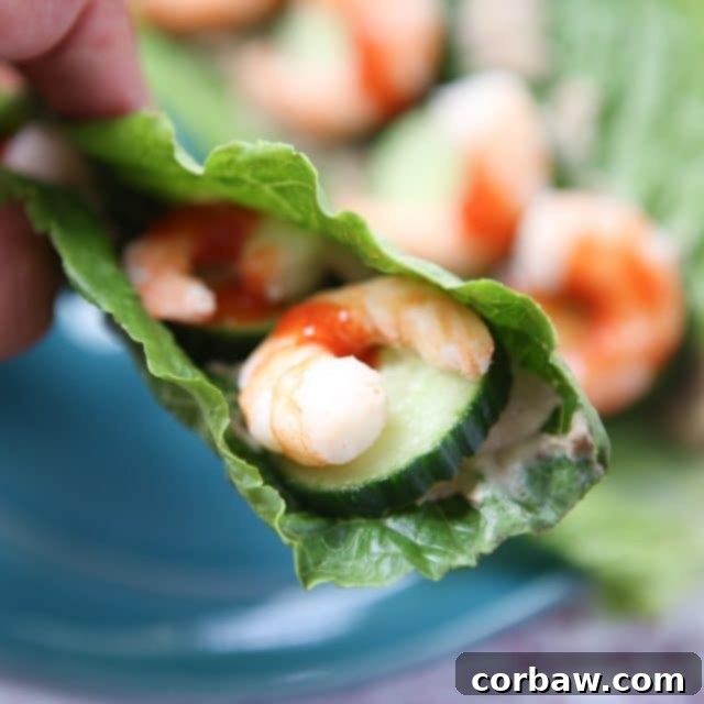 Sriracha Shrimp and Hummus Lettuce Wraps close up of romaine lettuce stuffed with shrimp and cucumber, drizzled with hot sauce