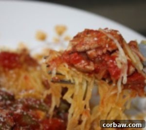 Bowl of spaghetti squash with turkey vegetable ragu