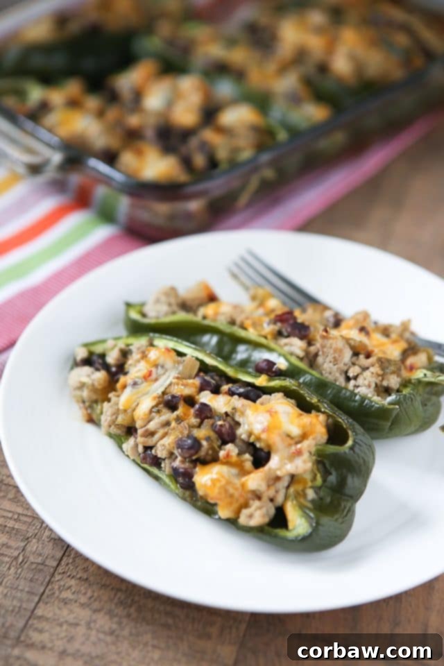 5 Ingredient Turkey Black Bean Stuffed Poblanos 2 Delicious 5-ingredient stuffed poblano peppers with turkey and black beans, showcasing a close-up of the perfectly baked filling and melted cheese, making for an ideal healthy weeknight dinner.