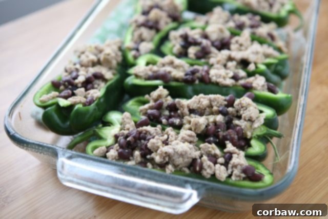5 Ingredient Turkey Black Bean Stuffed Poblanos 3 A vibrant close-up of stuffed poblano peppers in a baking dish, highlighting the melted cheese topping and the savory turkey and black bean filling, illustrating a healthy, easy 5-ingredient dinner.