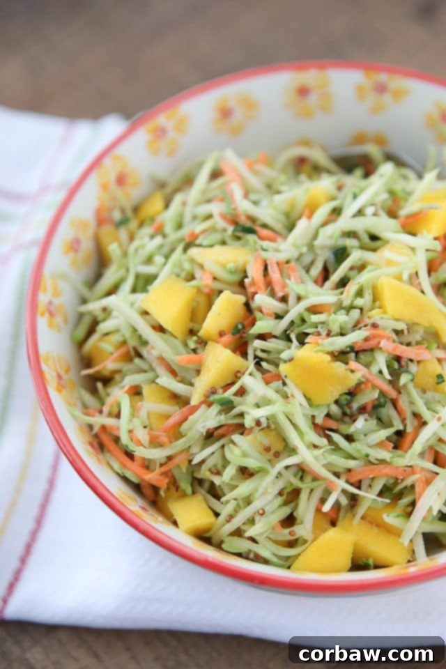 Tangy Mustard Broccoli Slaw Salad with Fresh Mango Vibrant Tangy Mustard Broccoli Slaw with Mango, a perfect side for spring and summer meals
