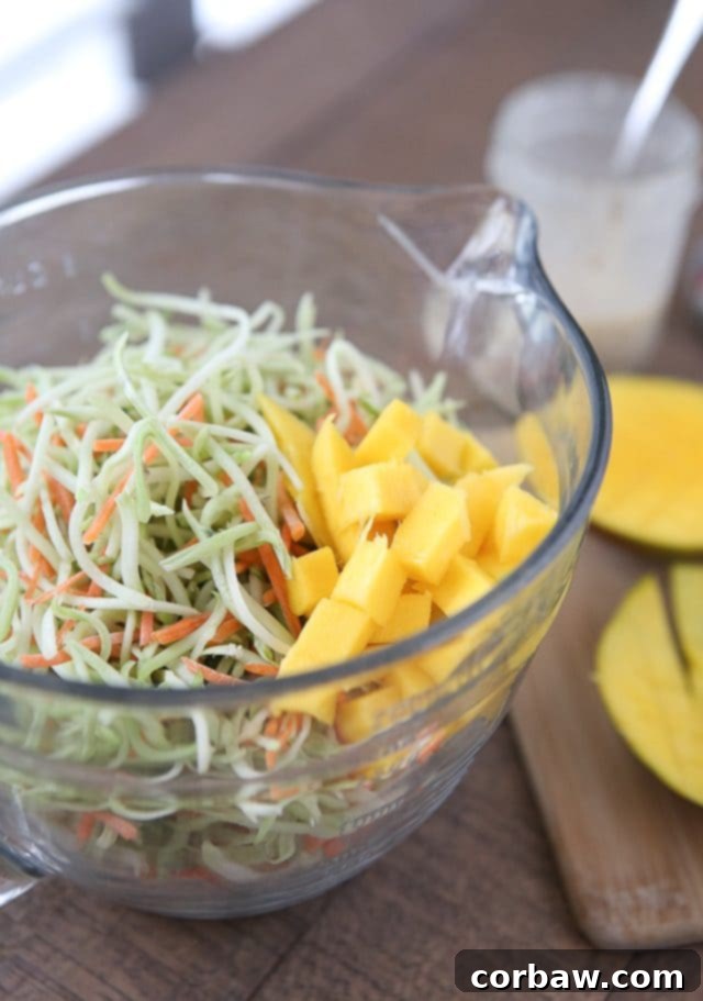 Delicious Tangy Mustard Broccoli Slaw with Mango Close-up of refreshing Tangy Mustard Broccoli Slaw with chunks of fresh mango