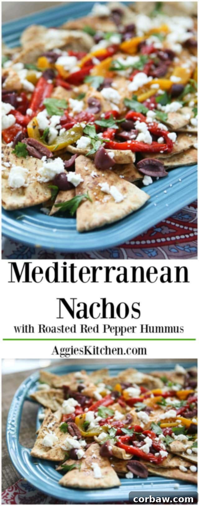 Best Mediterranean Nachos with Roasted Red Pepper Hummus Recipe A stunning overhead shot of a large, inviting platter of Mediterranean Nachos, generously topped with Sabra Roasted Red Pepper Hummus, an abundance of roasted peppers, black olives, crumbled feta cheese, and fresh green herbs. This easy vegetarian appetizer is perfect for sharing and an ideal choice for a delicious unofficial meal.