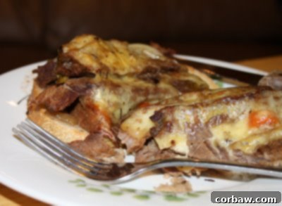 A close-up of a delicious slow cooker Guinness braised brisket sandwich, garnished with fresh herbs and served with a side of gravy.