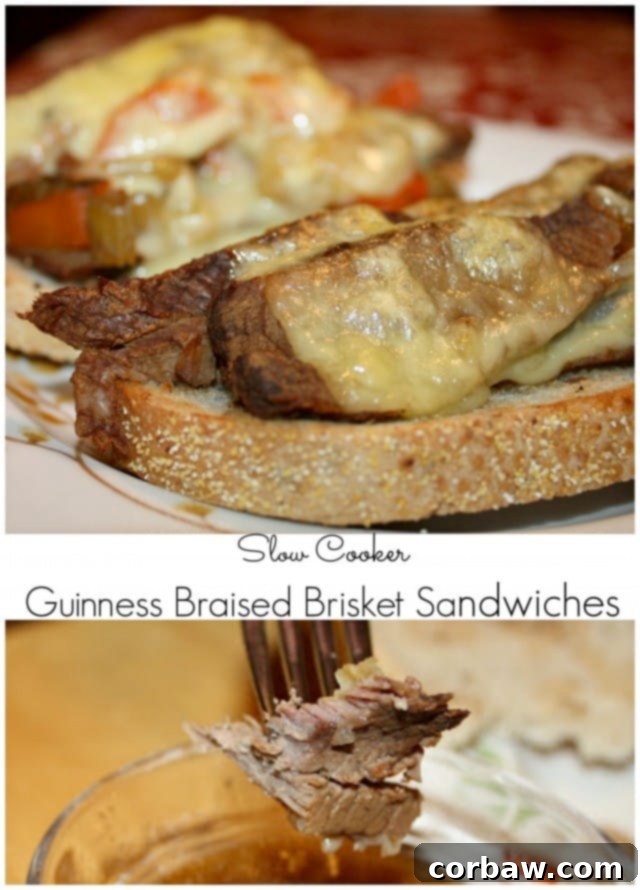 A large, inviting platter of Slow Cooker Guinness Braised Brisket Sandwiches, beautifully arranged and ready to be served, showcasing the rich colors and textures of the tender beef, melted cheese, and toasted rye bread.