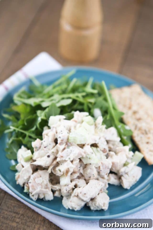 Fire up your grill and try this light and flavorful Grilled Lemon Pepper Chicken Salad with Greek Yogurt next time you are craving chicken salad! The grilled lemon pepper chicken is a great addition, especially during the summertime. plate of chicken salad with an arugula salad and crackers on the side