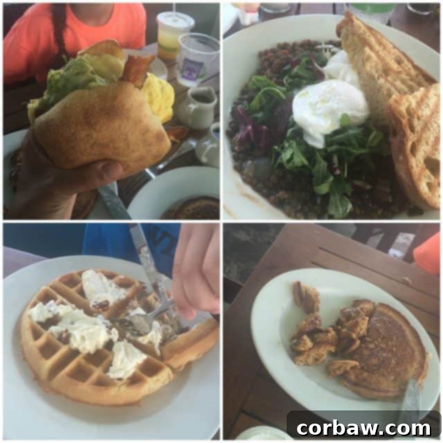 A mouth-watering brunch at Bud & Alley's: Scrambled Eggs & Cherrywood Bacon Sandwich, Poached Eggs & Lentils, Belgium Waffle, Sweet Potato Pancakes Delicious brunch spread at Bud & Alley's in Seaside, featuring sweet and savory dishes