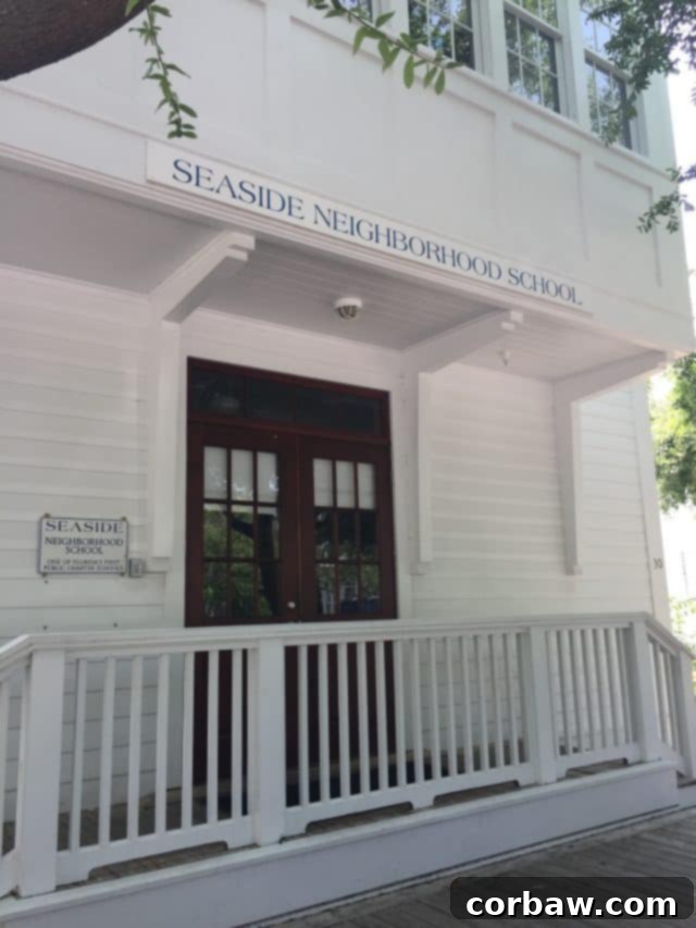 The beautiful Seaside School garden and courtyard, a tranquil space Lush green garden and courtyard area of the Seaside School, a community focal point