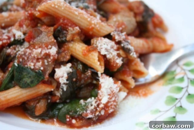 Whole Wheat Penne with Sausage, Spinach and Tomatoes - hearty, healthy comfort food! recipe via aggieskitchen.com