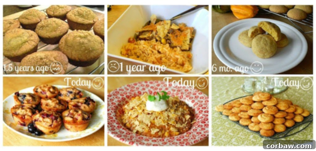 Two side-by-side images comparing old and new food photography styles. The top image shows poorly lit, yellowish muffins, while the bottom image features bright, naturally lit muffins on a white plate.