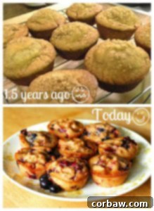 Comparison of two muffin photos: the top one is poorly lit and unappetizing, while the bottom one shows perfectly baked, vibrant beer berry muffins with good lighting and composition.