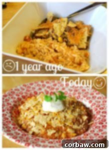 Comparison of two Mexican casserole photos: the top one is a blurry, yellow-tinted, unappetizing mess, while the bottom one shows a vibrant, well-composed dish with fresh garnishes.