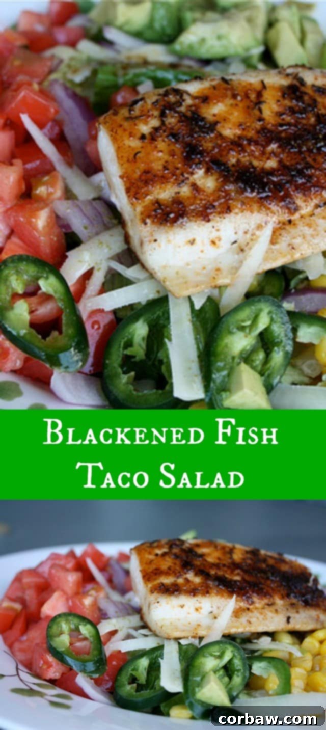 Blackened Fish Taco Salad with Cilantro Lime Vinaigrette A stunning close-up of a piece of blackened fish perfectly placed on a vibrant bed of fresh corn, crisp jalapeño peppers, sliced red onions, juicy diced tomatoes, and creamy avocado, showcasing a truly appetizing and healthy meal.