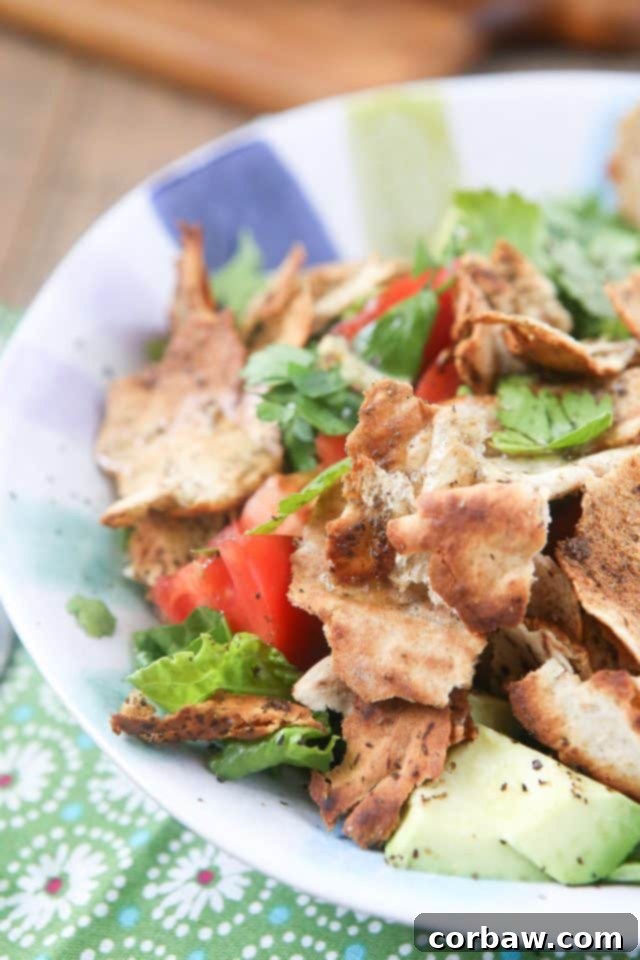 Lebanese-inspired Fattoush Salad filled with fresh garden vegetables, herbs & toasted pita pieces, dressed with lemon & olive oil.
