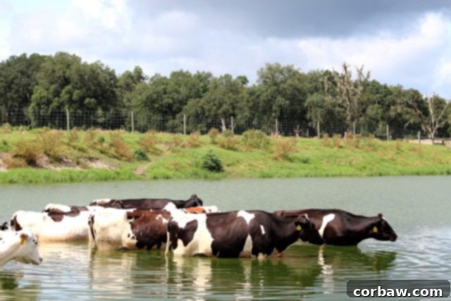 Dairy cows enjoying the cool waters of their pond, a vital comfort during summer in Florida.