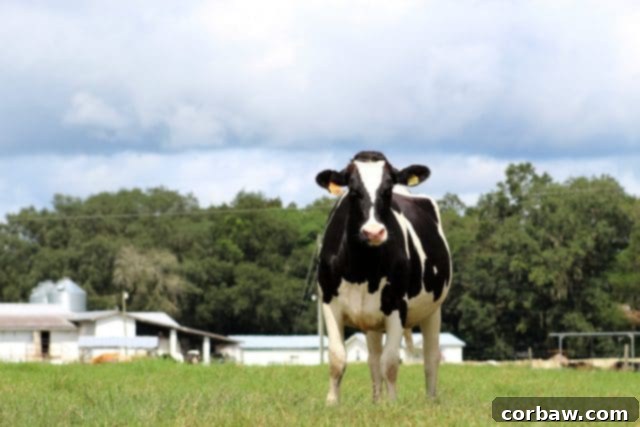 A majestic Holstein cow, a common and productive dairy breed, enjoying its surroundings on the farm.