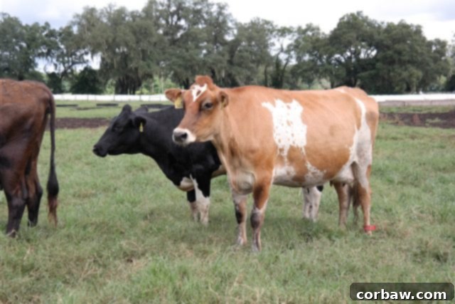 A group of healthy dairy cows enjoying their spacious environment on the farm, a testament to excellent animal welfare.