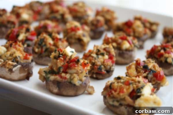 Close-up of baked Mediterranean Stuffed Mushrooms ready to serve