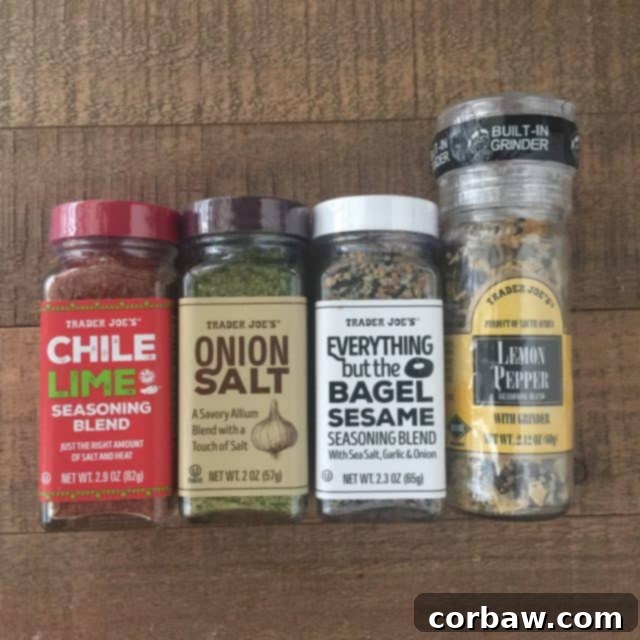 Trader Joe's Flavor Fiesta Spice Giveaway 3 The full set of four Trader Joe's spice blends ready for the giveaway, including Chile Lime, Onion Salt, Everything But The Bagel, and Lemon Pepper, displayed enticingly.