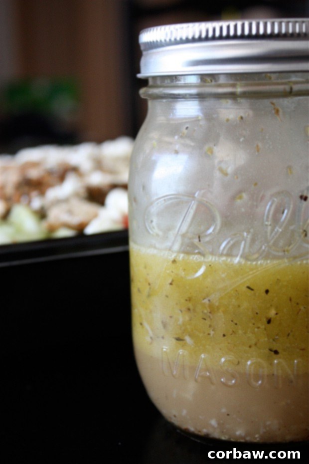 Homemade Greek Salad Dressing A beautiful glass jar filled with vibrant Lemony Greek Salad Dressing, ready to be used as a dressing for crisp Greek salad, a flavorful addition to pasta salad, or a zesty marinade for chicken. The dressing appears smooth and inviting against a rustic background.