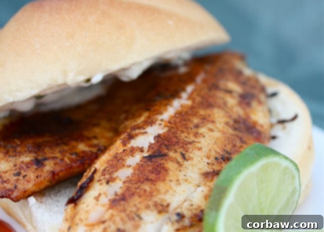 This Blackened Tilapia Sandwich with Cilantro Lime Mayonnaise is a great weeknight meal. Serve on salad for low carb option.