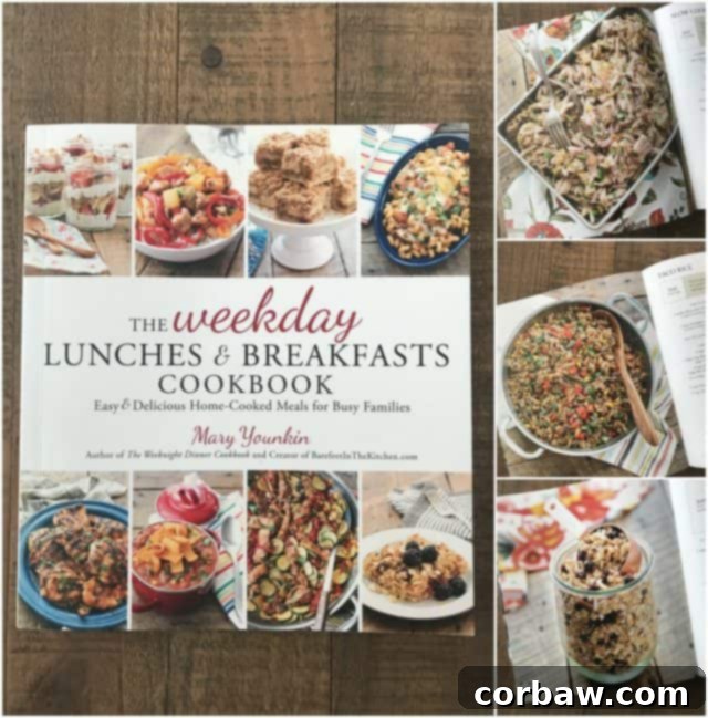Weekday Lunches & Breakfasts Cookbook photo collage of Weekday Lunches & Breakfasts Cookbook plus 3 photos of recipes from inside book