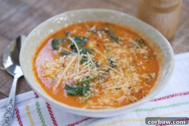 A vibrant bowl of Tomato and Spinach Tortellini Soup, garnished with fresh basil and grated cheese, on a rustic table setting.