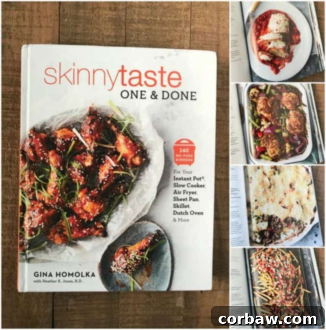 A collage featuring the Skinnytaste One & Done Cookbook cover alongside four appetizing photos of recipes from within the book, showcasing the variety and simplicity of one-pan meals.