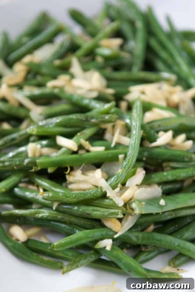 A vibrant close-up shot of roasted green beans beautifully adorned with golden toasted almonds.