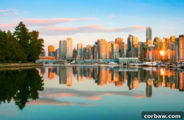 Beautiful panoramic view of Vancouver skyline with Stanley Park at sunset, British Columbia, Canada – a potential destination on Royal Princess West Coast cruises