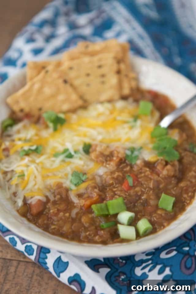 Hearty Instant Pot Vegetarian Chili 2 Creamy Instant Pot Vegetarian Chili topped with melted cheese, fresh green onions, cilantro, and crunchy crackers