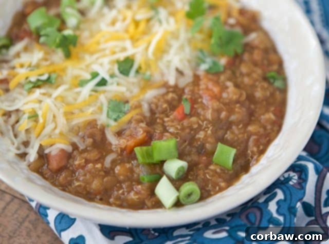 Hearty Instant Pot Vegetarian Chili 5 A large pot of Instant Pot Vegetarian Chili ready to be served, highlighting its hearty texture.