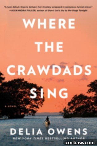 Book cover for Where The Crawdads Sing by Delia Owens, featuring a marsh landscape with a bird