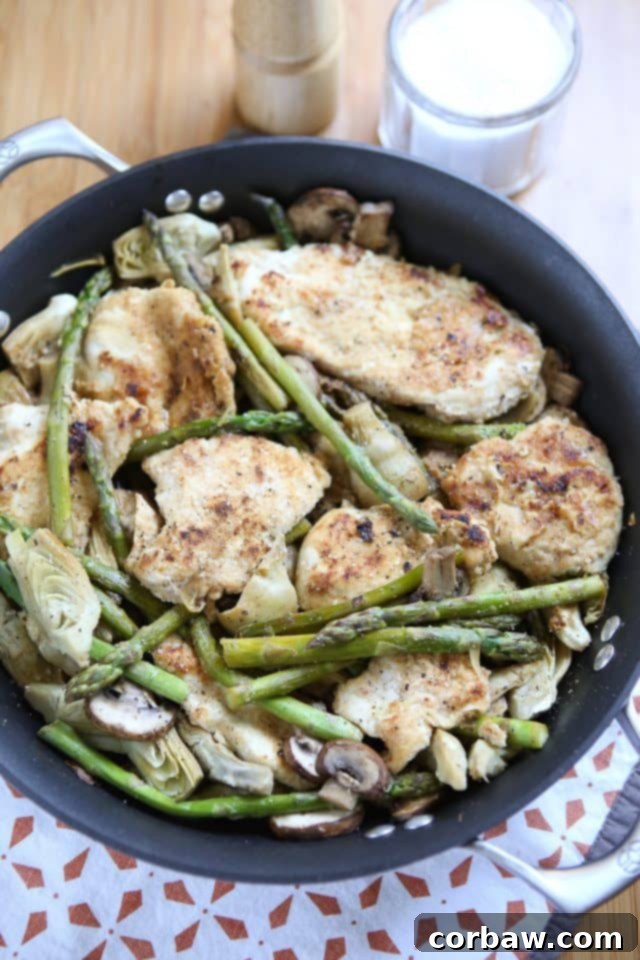 This Lemon Pepper Chicken with Artichokes, Mushrooms and Asparagus is a quick, one-pot healthy meal! Recipe via aggieskitchen.com