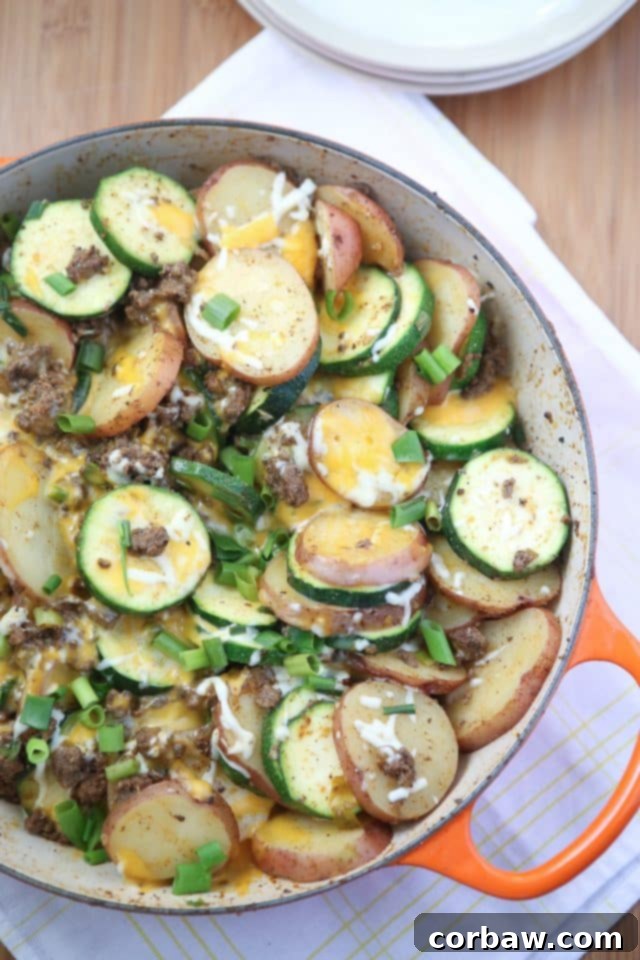 This Cheesy Southwest Beef and Potato Skillet dinner is a lifesaver for weeknights! Recipe via aggieskitchen.com