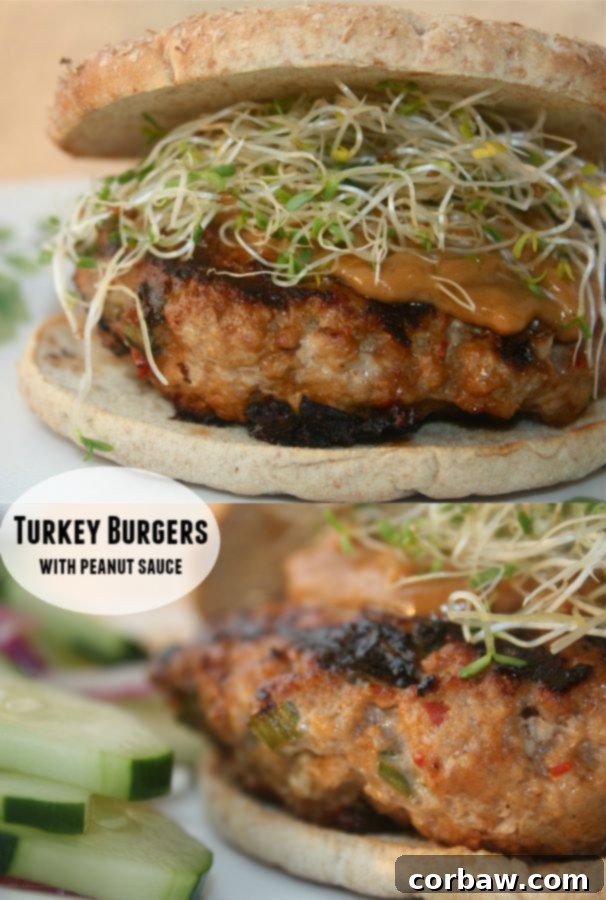 Light Week Kickoff Peanut Sauce Turkey Burgers 2 Turkey Burgers with Peanut Sauce from Cooking Light - creamy peanut sauce and sprouts add a delicious twist to these juicy healthy turkey burgers!