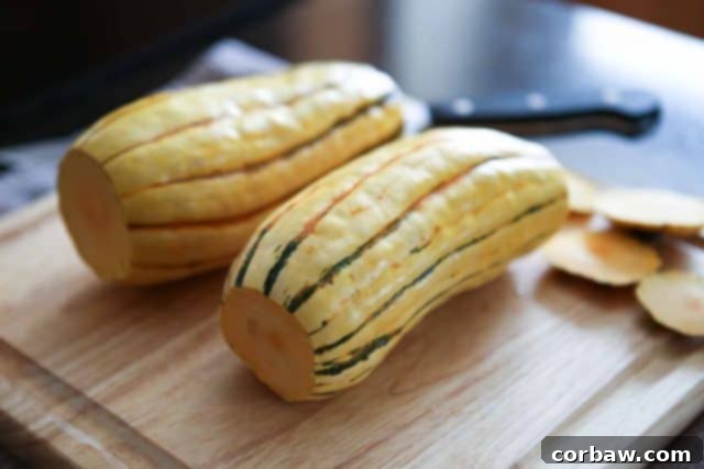 Stuffed Delicata Squash Close-up of roasted delicata squash with a savory spinach and white bean stuffing.