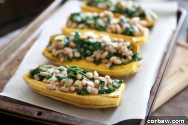 Stuffed Delicata Squash A vibrant vegetarian meal: Stuffed delicata squash garnished with red pepper flakes.