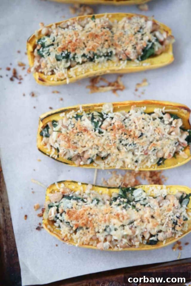 Angela's Stuffed Delicata Squash plated with a golden, cheesy topping.