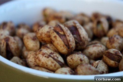 Close-up of Spicy Pistachios on a baking sheet