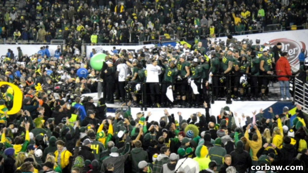 The unified spirit of the Oregon Ducks team and fans during celebration